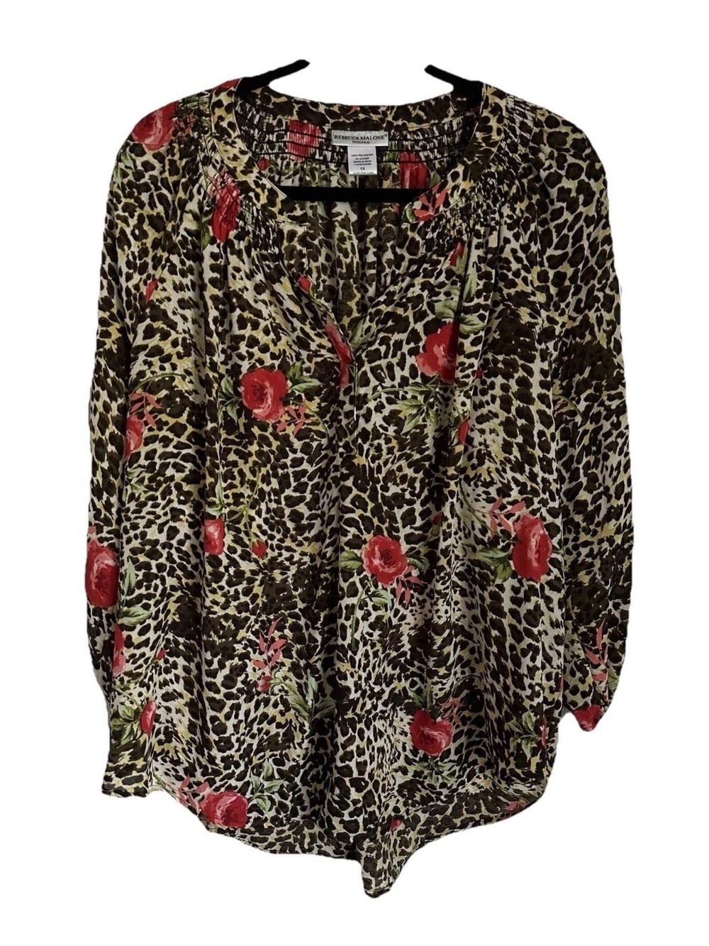 Rebecca Malone Womens 1X Floral Animal Print Smocked Top Career Corpcore Boho